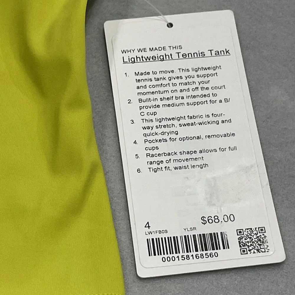 Lululemon Lightweight Tennis Tank, Yellow Serpentine Built In Bra B/C Cup Size 4